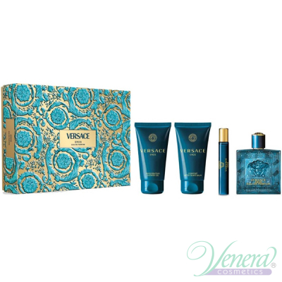 Versace Eros Eau de Parfum Set (EDP 100ml + EDP 10ml + AS Balm 75ml + SG 75ml) pentru Bărbați Seturi